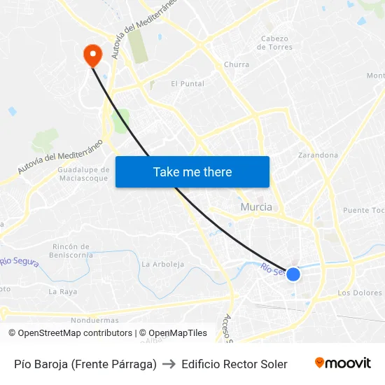 Pío Baroja (Frente Párraga) to Edificio Rector Soler map