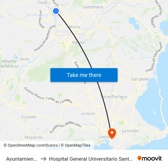 Ayuntamiento II to Hospital General Universitario Santa Lucía map