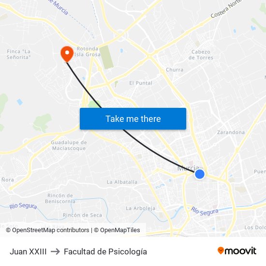 Juan XXIII to Facultad de Psicología map