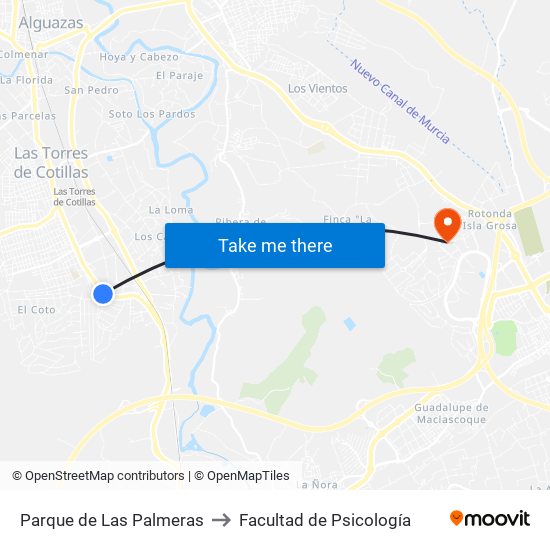 Parque de Las Palmeras to Facultad de Psicología map