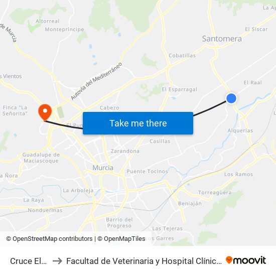 Cruce El Raal to Facultad de Veterinaria y Hospital Clínico Veterinario map