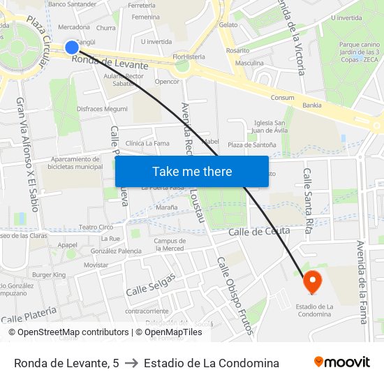 Ronda de Levante, 5 to Estadio de La Condomina map