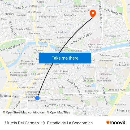 Murcia Del Carmen to Estadio de La Condomina map
