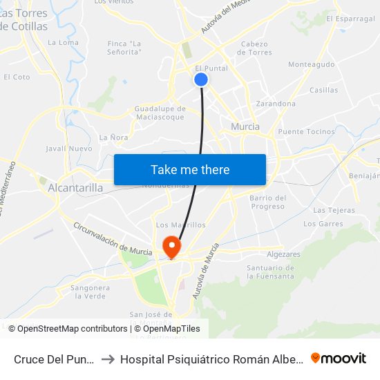 Cruce Del Puntal to Hospital Psiquiátrico Román Alberca map