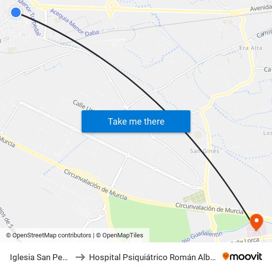 Iglesia San Pedro to Hospital Psiquiátrico Román Alberca map