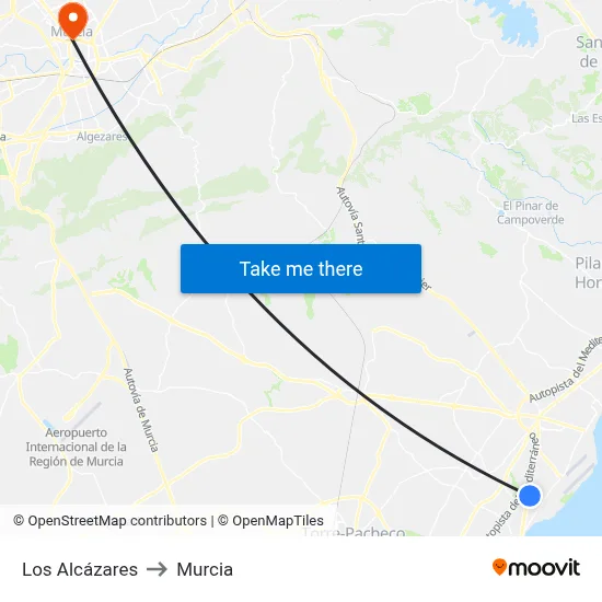 Los Alcázares to Murcia map
