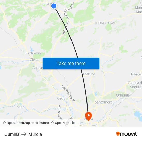 Jumilla to Murcia map