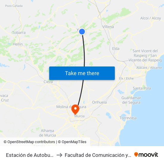 Estación de Autobuses de Yecla to Facultad de Comunicación y Documentación map
