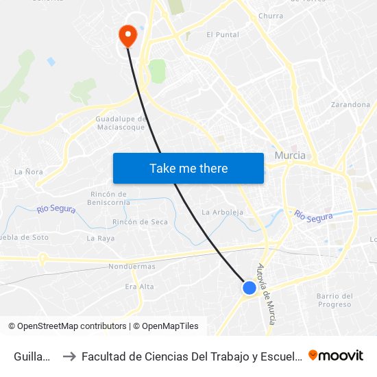 Guillamones to Facultad de Ciencias Del Trabajo y Escuela U. de Trabajo Social map