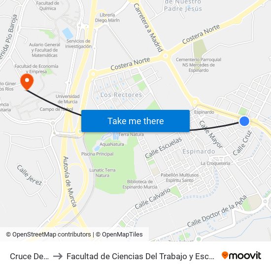 Cruce Del Puntal to Facultad de Ciencias Del Trabajo y Escuela U. de Trabajo Social map