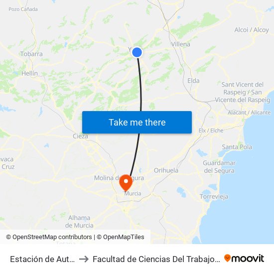 Estación de Autobuses de Yecla to Facultad de Ciencias Del Trabajo y Escuela U. de Trabajo Social map