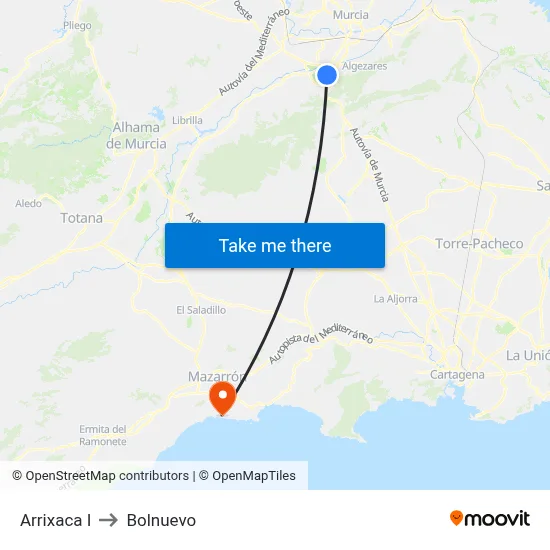 Arrixaca I to Bolnuevo map