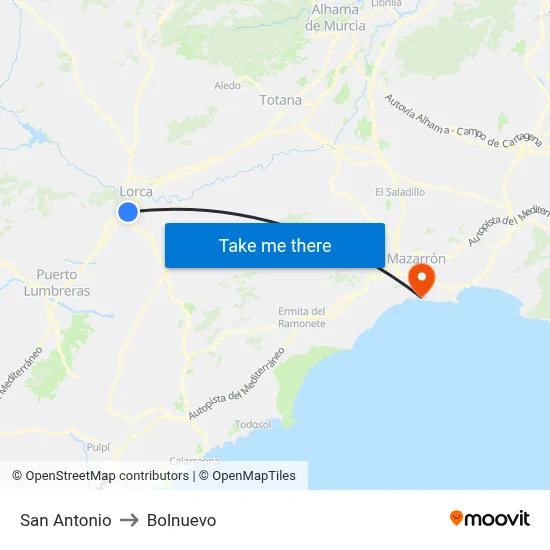 San Antonio to Bolnuevo map