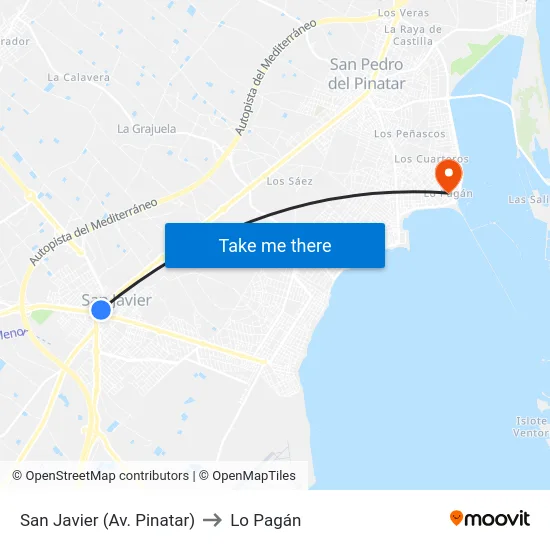 San Javier (Av. Pinatar) to Lo Pagán map