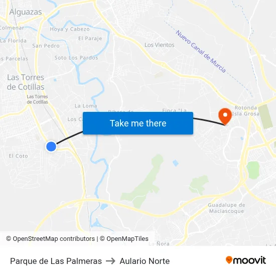 Parque de Las Palmeras to Aulario Norte map