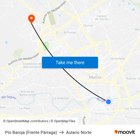 Pío Baroja (Frente Párraga) to Aulario Norte map