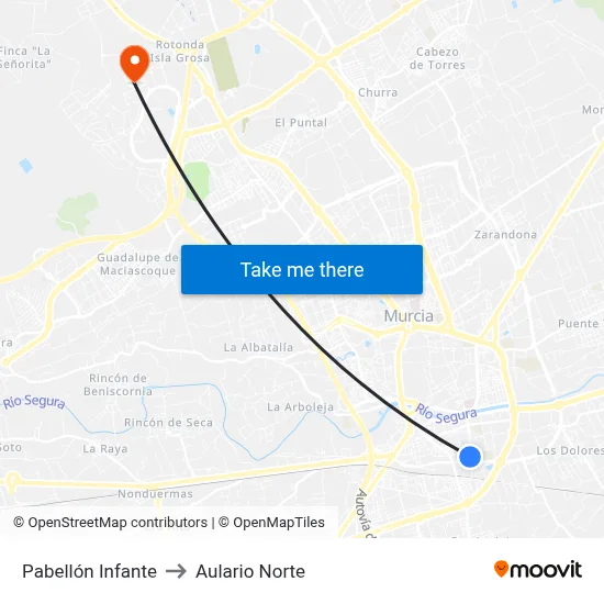 Pabellón Infante to Aulario Norte map