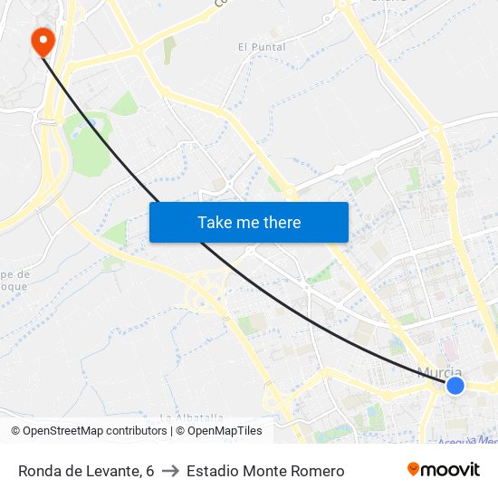 Ronda de Levante, 6 to Estadio Monte Romero map