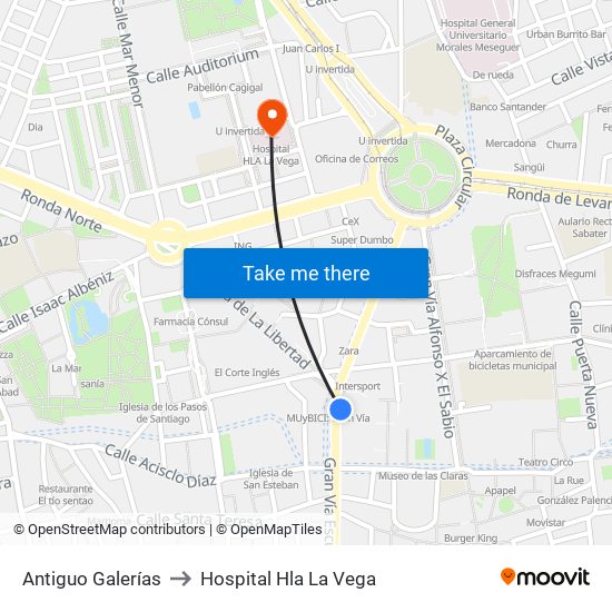 Antiguo Galerías to Hospital Hla La Vega map