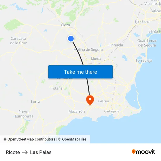 Ricote to Las Palas map