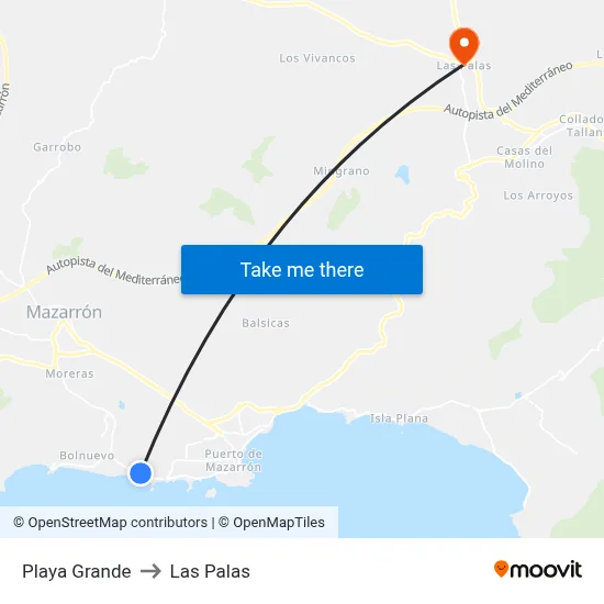 Playa Grande to Las Palas map