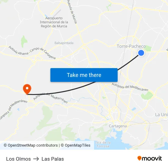 Los Olmos to Las Palas map