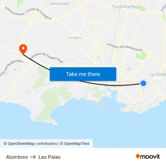 Alumbres to Las Palas map