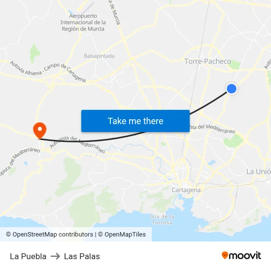 La Puebla to Las Palas map