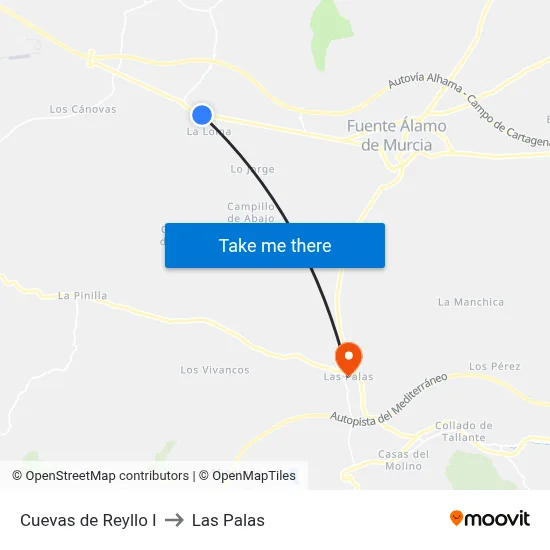 Cuevas de Reyllo I to Las Palas map