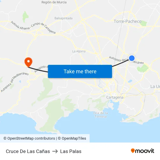 Cruce De Las Cañas to Las Palas map