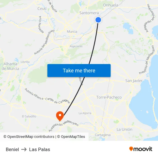 Beniel to Las Palas map