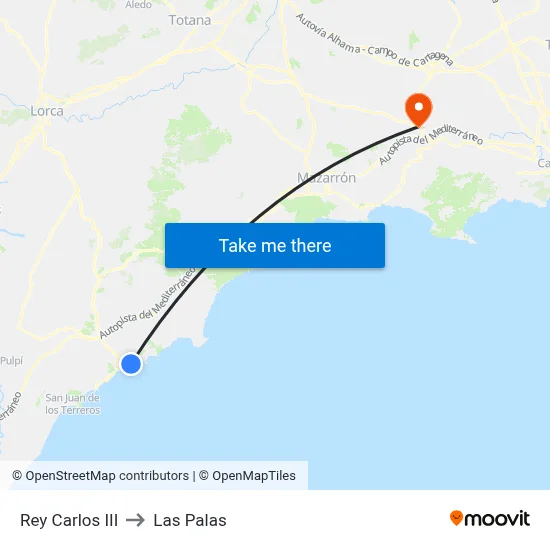 Rey Carlos III to Las Palas map