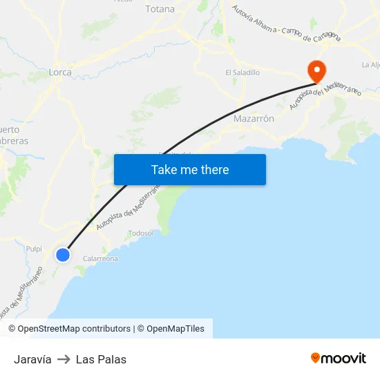 Jaravía to Las Palas map