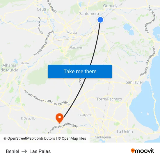 Beniel to Las Palas map