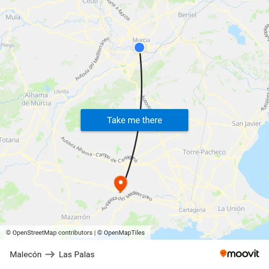 Malecón to Las Palas map