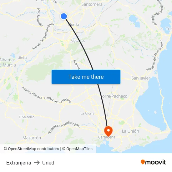 Extranjería to Uned map
