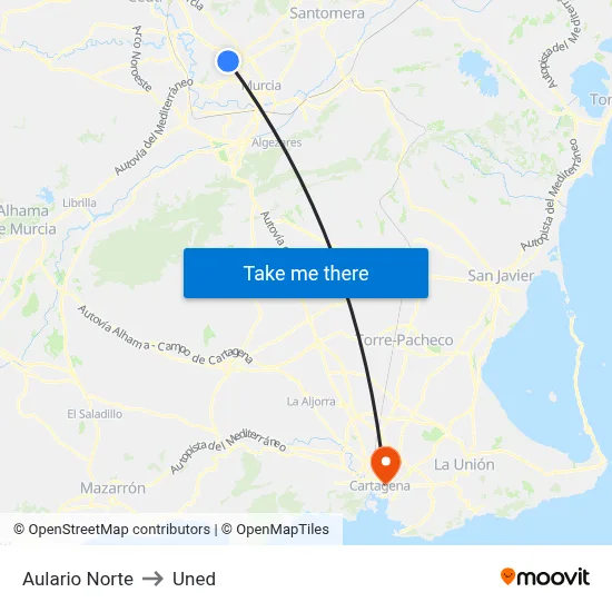 Aulario Norte to Uned map