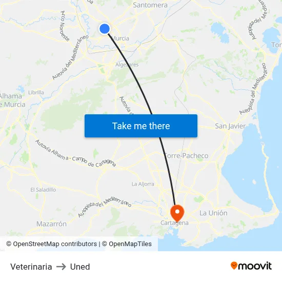 Veterinaria to Uned map