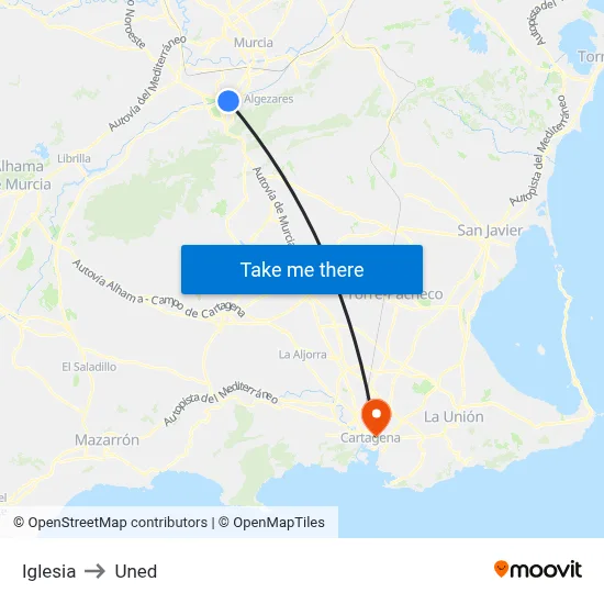 Iglesia to Uned map