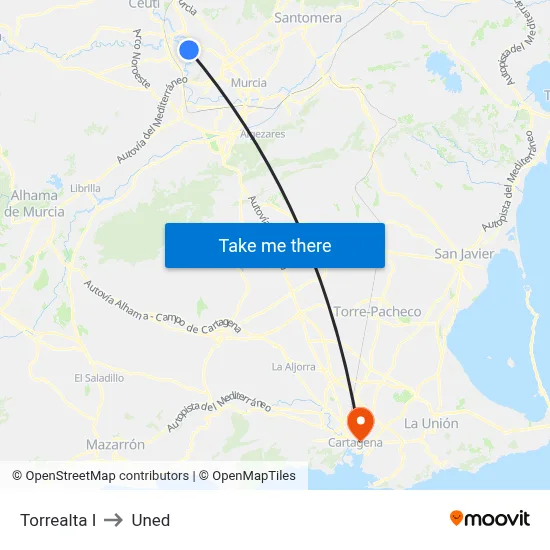 Torrealta I to Uned map