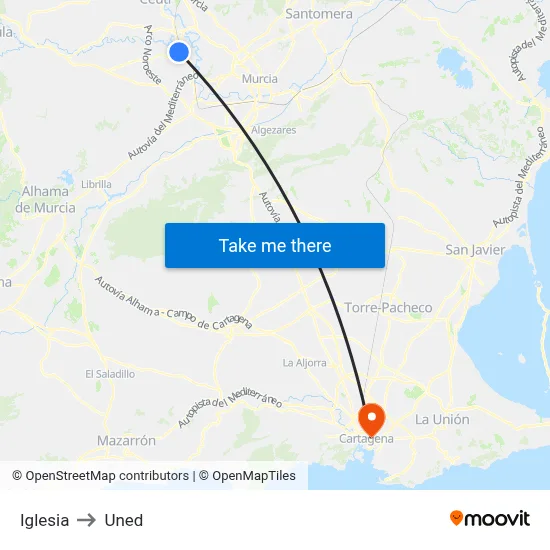 Iglesia to Uned map