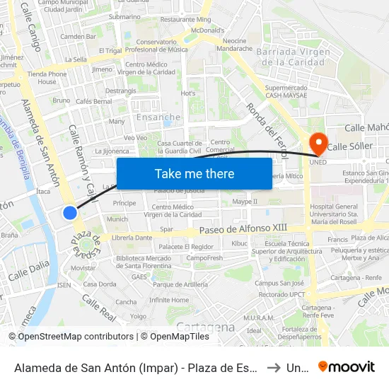 Alameda de San Antón (Impar) - Plaza de España to Uned map