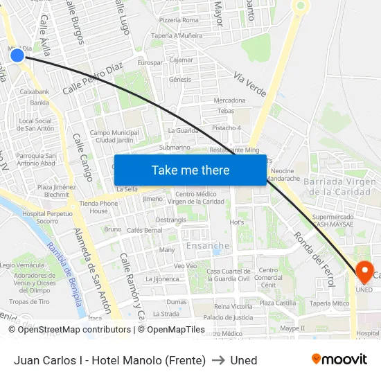 Juan Carlos I - Hotel Manolo (Frente) to Uned map