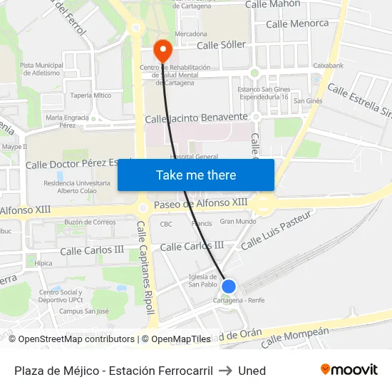 Plaza de Méjico - Estación Ferrocarril to Uned map