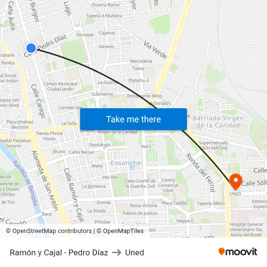 Ramón y Cajal - Pedro Díaz to Uned map
