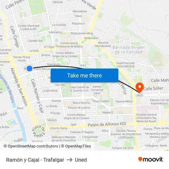 Ramón y Cajal - Trafalgar to Uned map