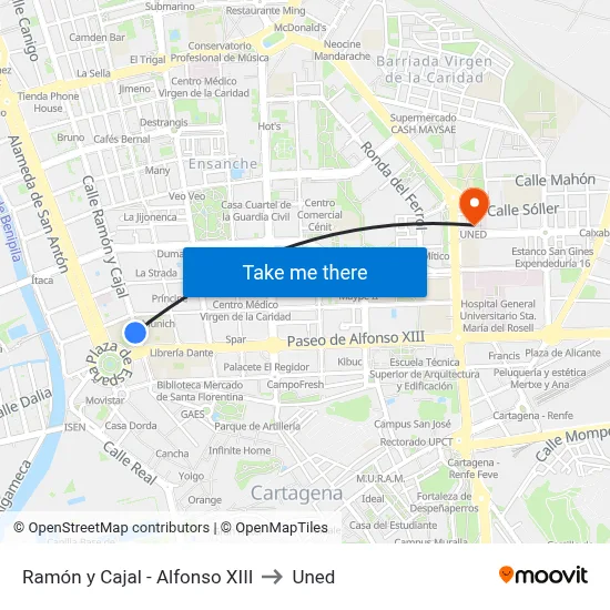 Ramón y Cajal - Alfonso XIII to Uned map
