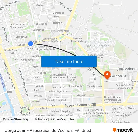 Jorge Juan - Asociación de Vecinos to Uned map