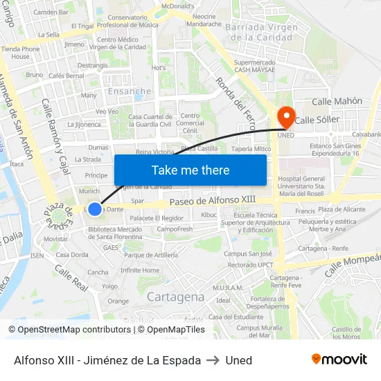 Alfonso XIII - Jiménez de La Espada to Uned map