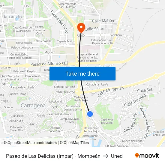 Paseo de Las Delicias (Impar) - Mompeán to Uned map